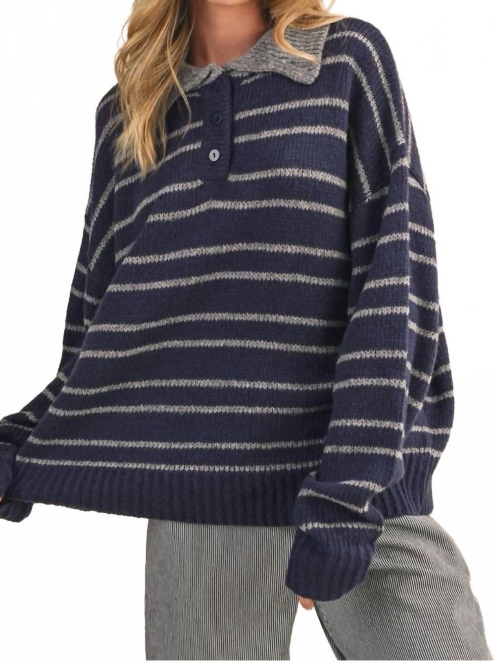 Lioness Navy and Gray Striped Polo Collar Sweater